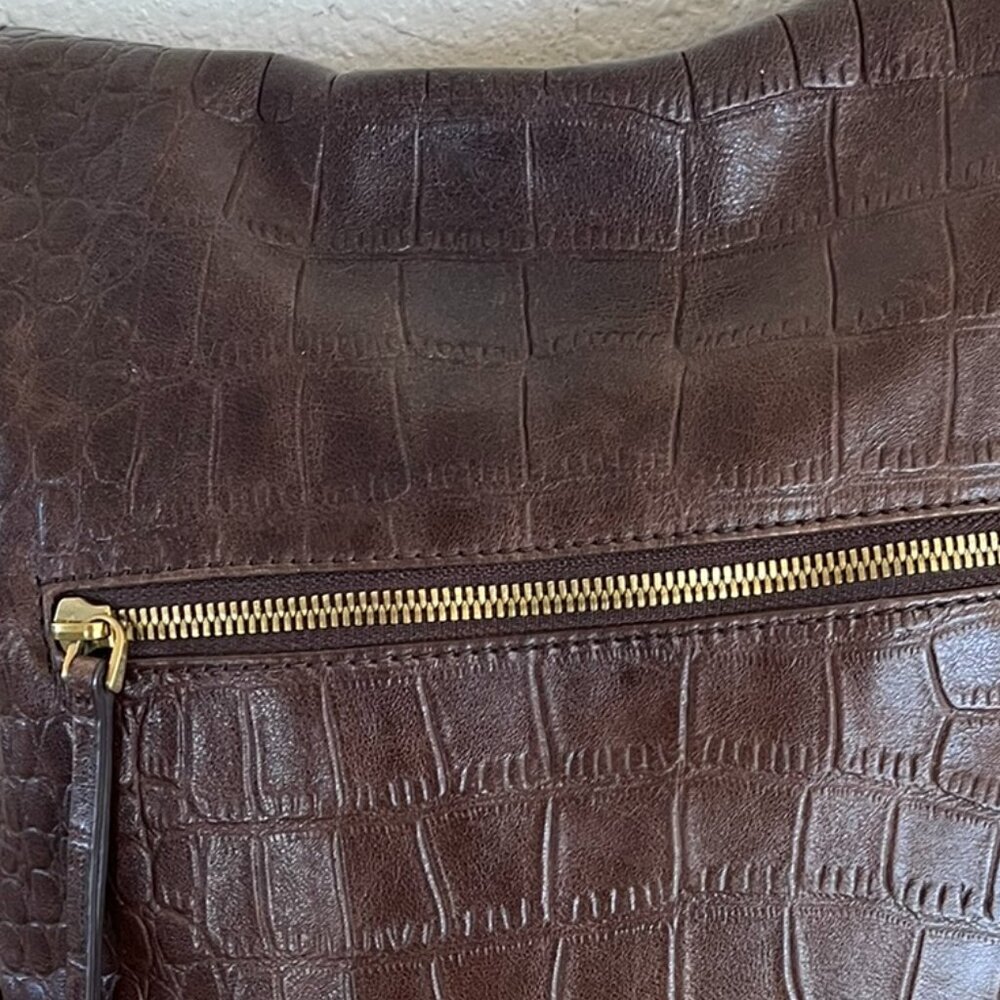 Margot Dark Brown Crocodile-Embossed Large Leather Crossbody/Hobo Bag - Picture 8 of 13